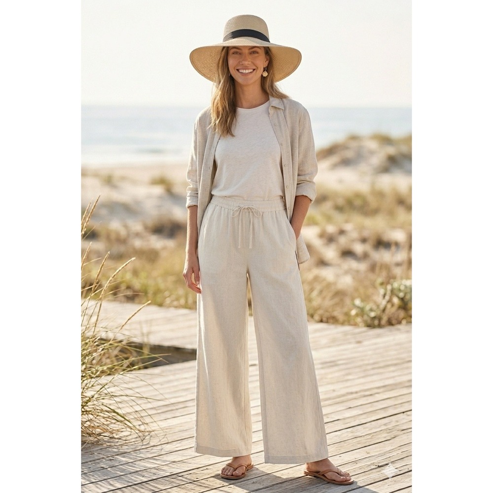 Bohemian Wide Leg Linen Blend Vacation Pants Oatmeal Granola Girl Size XS Resort